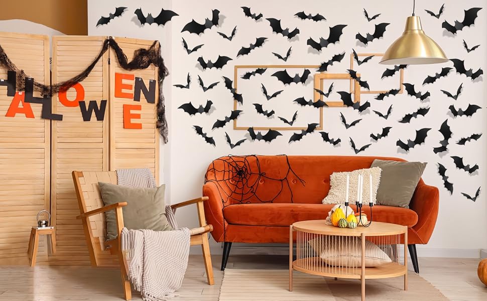 Décoration Halloween Maison – Stickers Chauves-souris 3D (Lot 120) en PVC Noir, Réutilisables