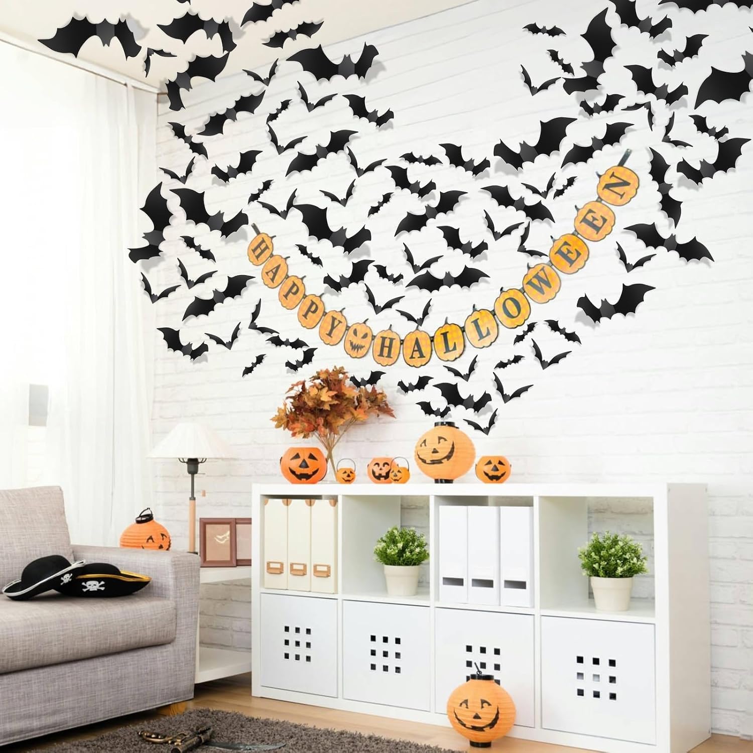 Décoration Halloween Maison – Stickers Chauves-souris 3D (Lot 120) en PVC Noir, Réutilisables