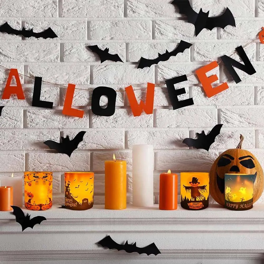 Décoration Halloween – 12 lanternes pliables en aluminium, motifs citrouille, chauve-souris et fantôme