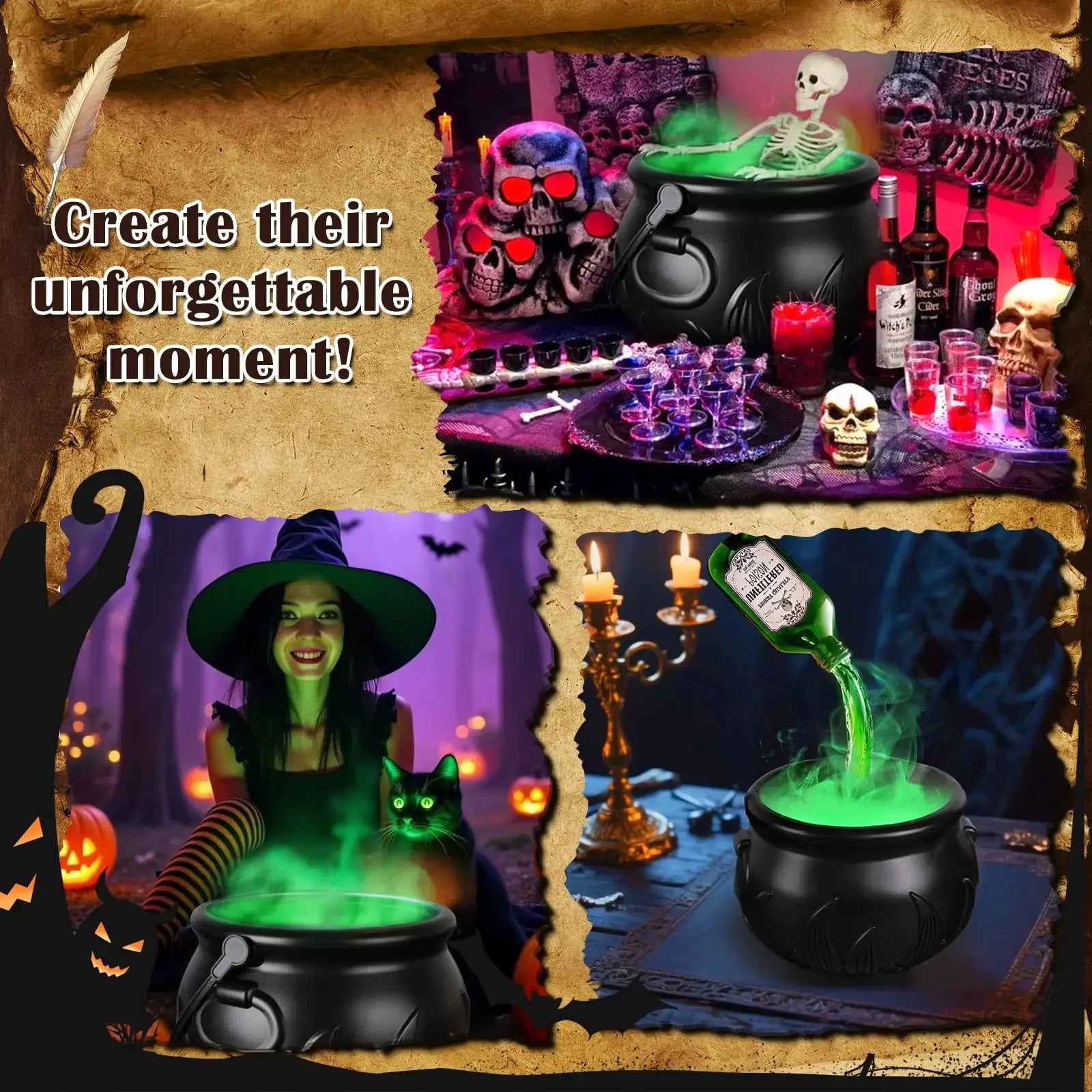 Chaudron de sorcière Halloween – Décoration LED avec fumée et squelette