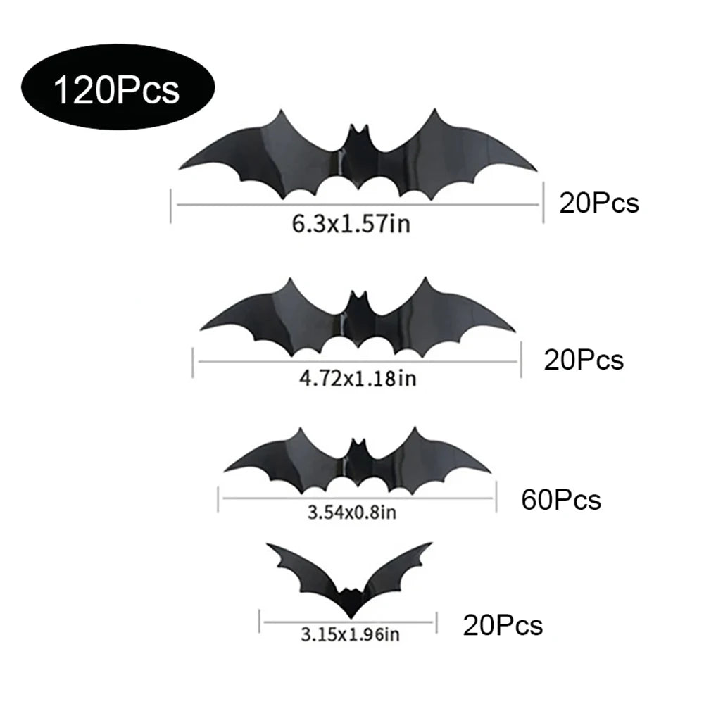 Décoration Halloween Maison – Stickers Chauves-souris 3D (Lot 120) en PVC Noir, Réutilisables