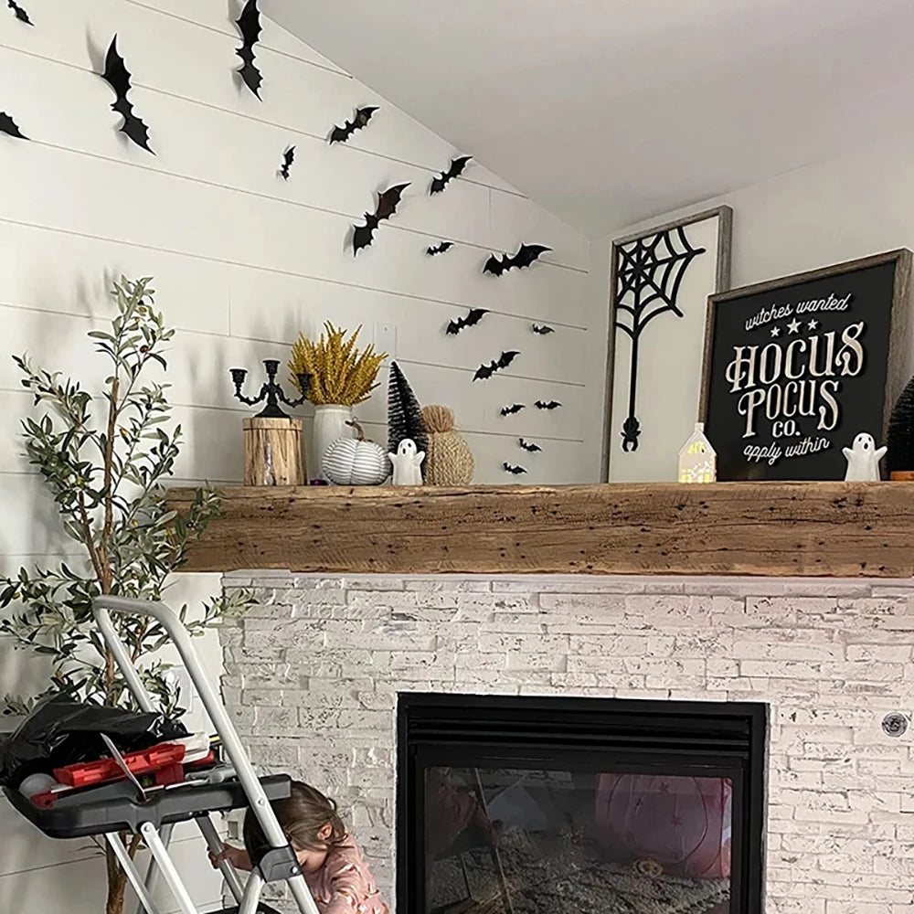 Décoration Halloween Maison – Stickers Chauves-souris 3D (Lot 120) en PVC Noir, Réutilisables