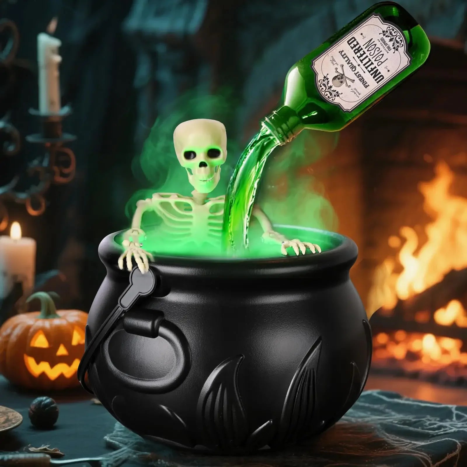 Chaudron de sorcière Halloween – Décoration LED avec fumée et squelette