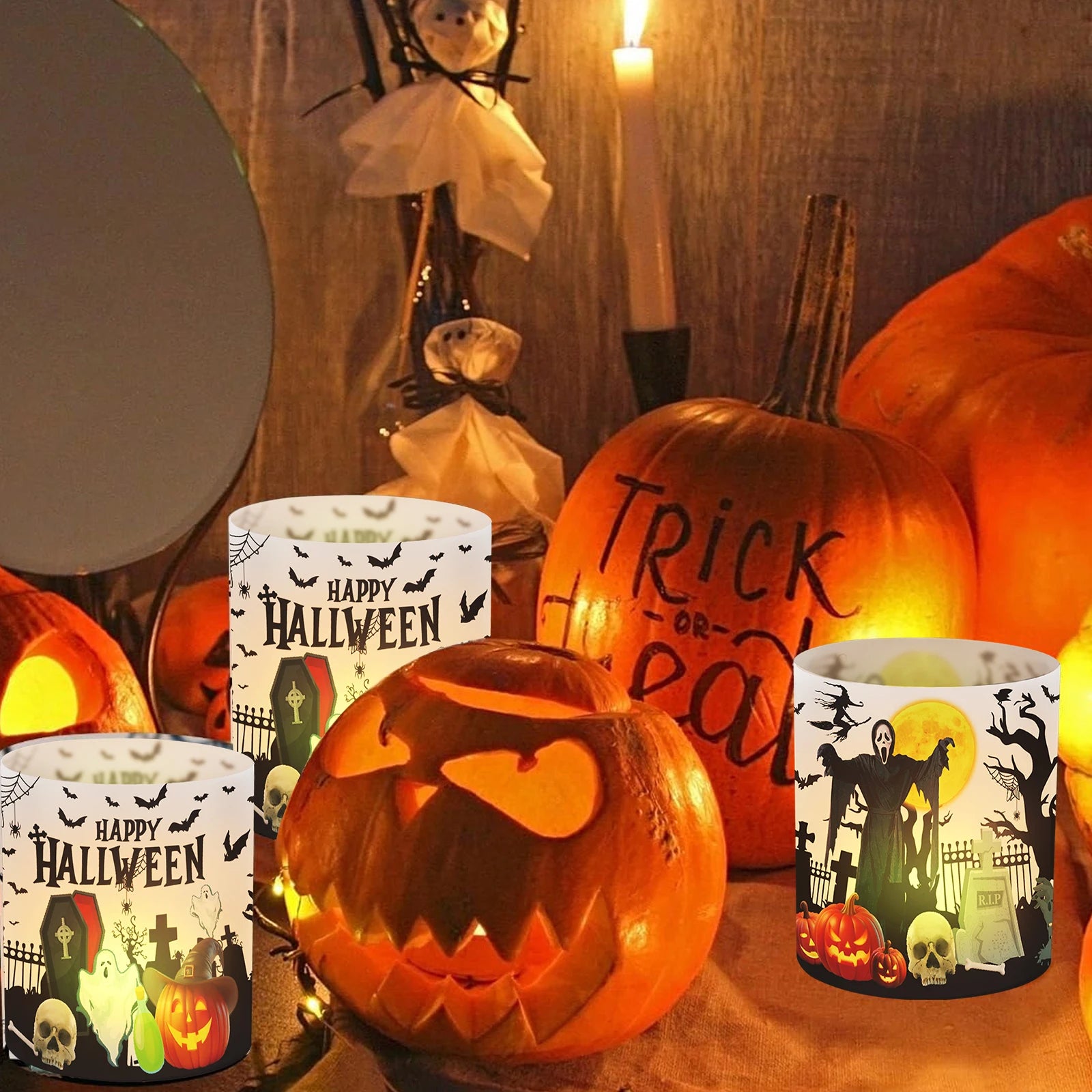 Décoration Halloween – 12 lanternes pliables en aluminium, motifs citrouille, chauve-souris et fantôme