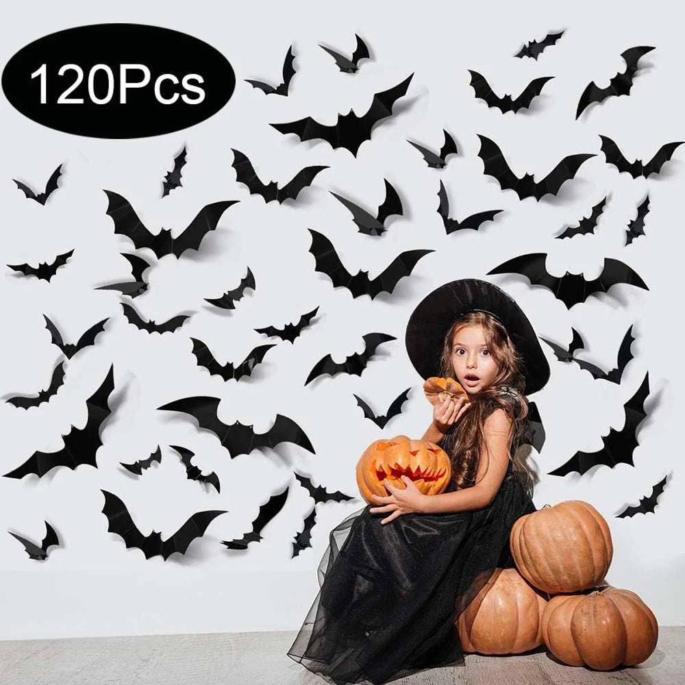 Décoration Halloween Maison – Stickers Chauves-souris 3D (Lot 120) en PVC Noir, Réutilisables