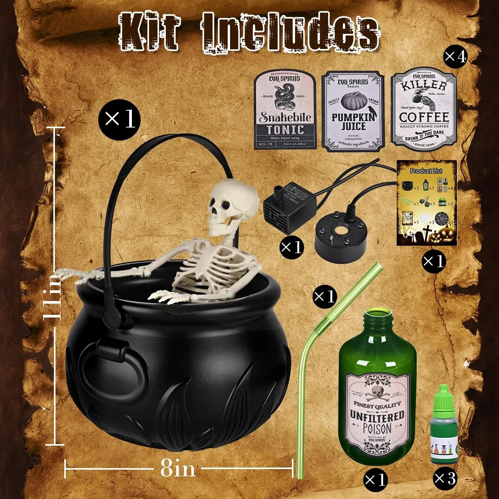 Chaudron de sorcière Halloween – Décoration LED avec fumée et squelette